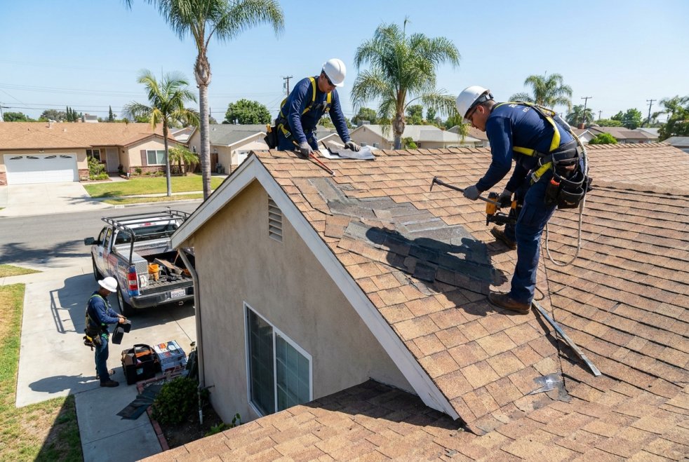 Roofing crew repairing shingles on a suburban home in Stanton, CA
