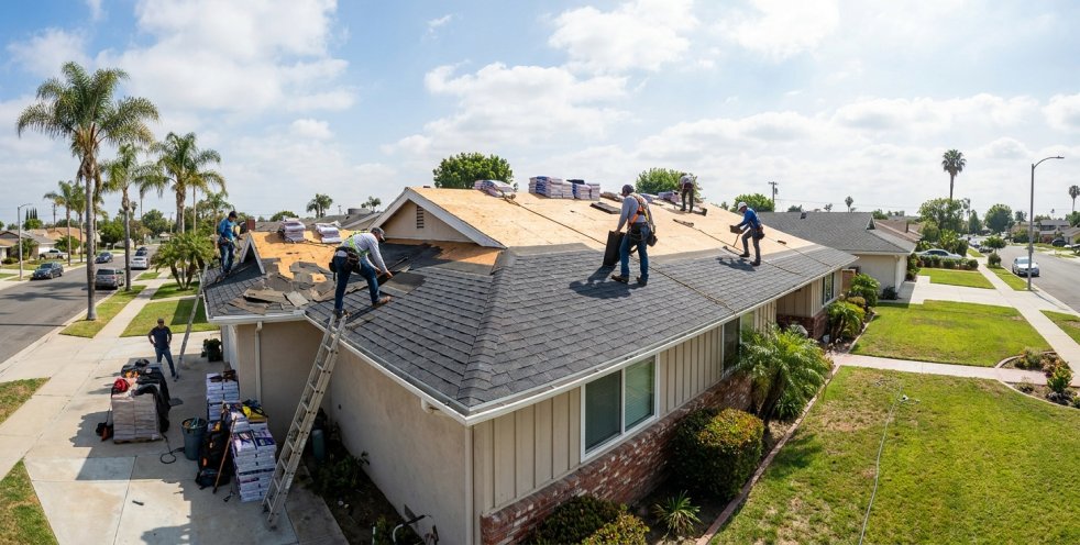 Roofing contractors installing new shingles on a suburban home in Stanton, CA
