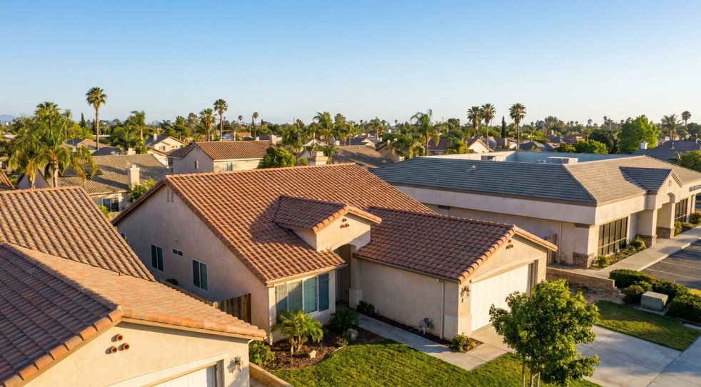 Suburban homes with red tile roofs in a sunny Stanton neighborhood